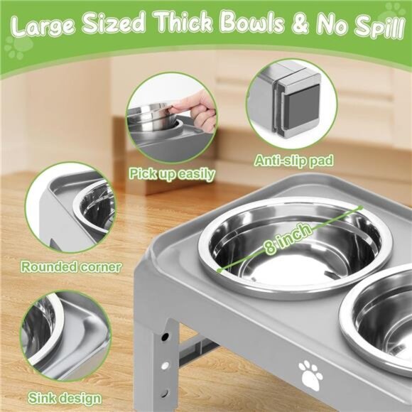 Elevated Raised Dog Bowl Stand with 2 Stainless Steel Bowls, Adjustable Height - Picture 4 of 7